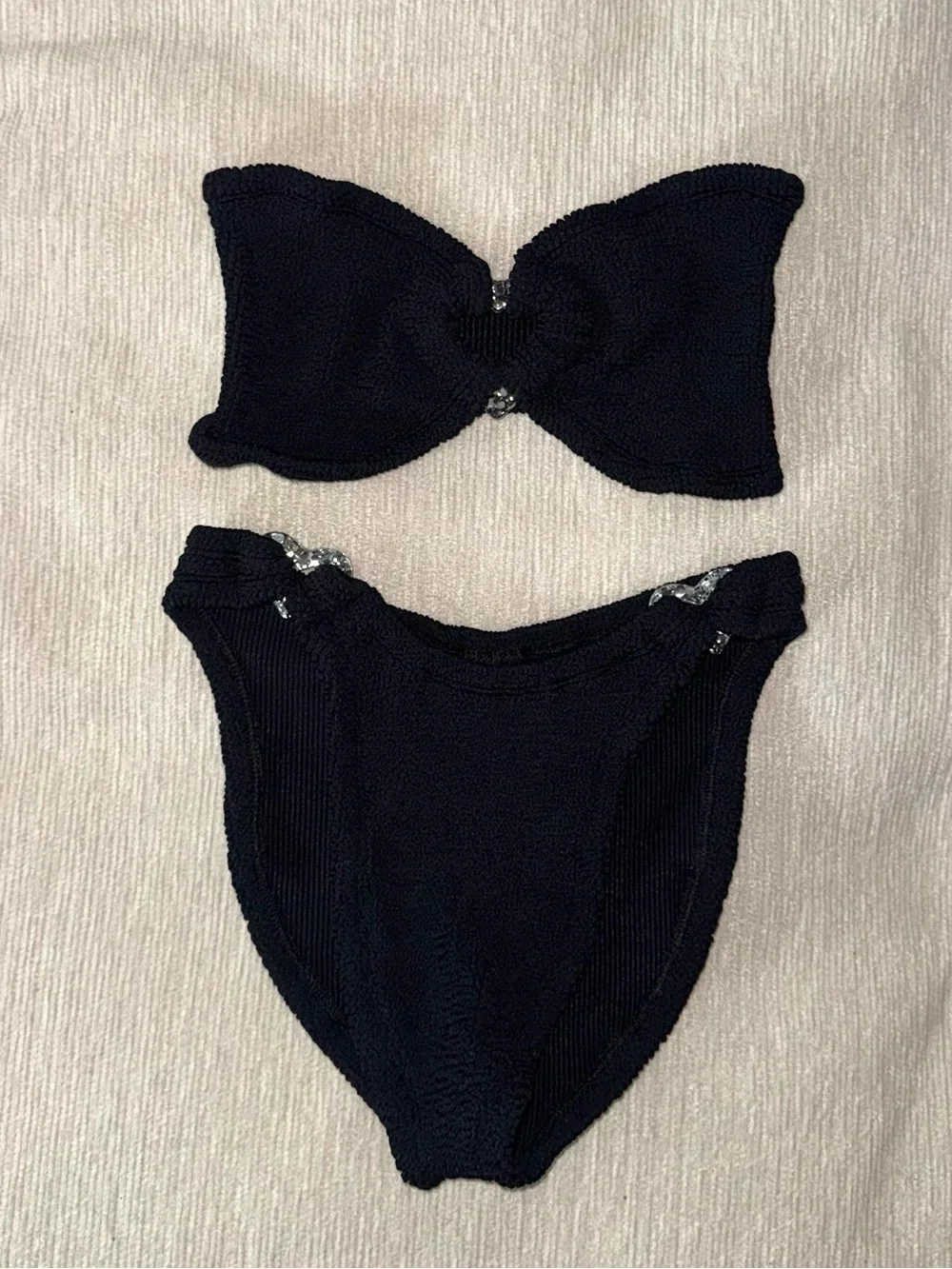 New Hunza G Bikini Set Nicole Heart Bandeau Strapless Jessica Jean Silver Black